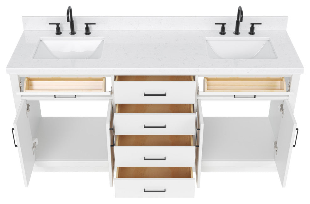 Ariel Hepburn 72" Double Rectangle Sinks Vanity, Carrara Quartz, White