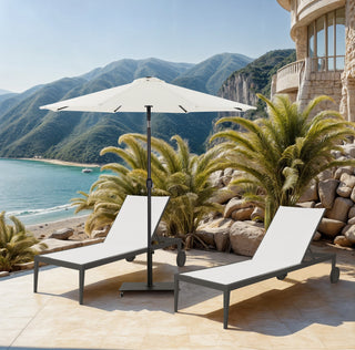 Fiji Patio Umbrella and Base, White, Matte Black Pole, Matte Black Belize Base