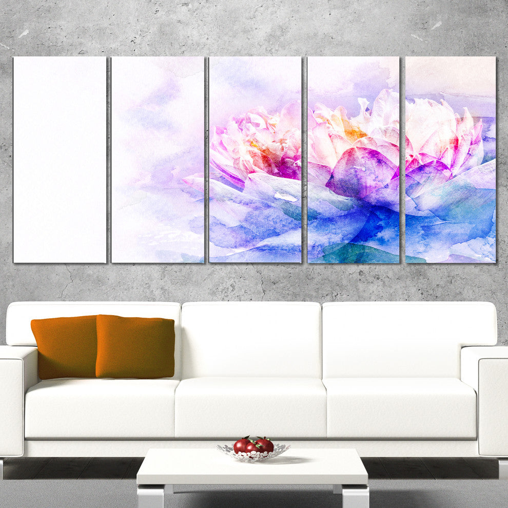 Blue Flower Watercolor, Floral Canvas Art print, 60"x28", 5 Panels