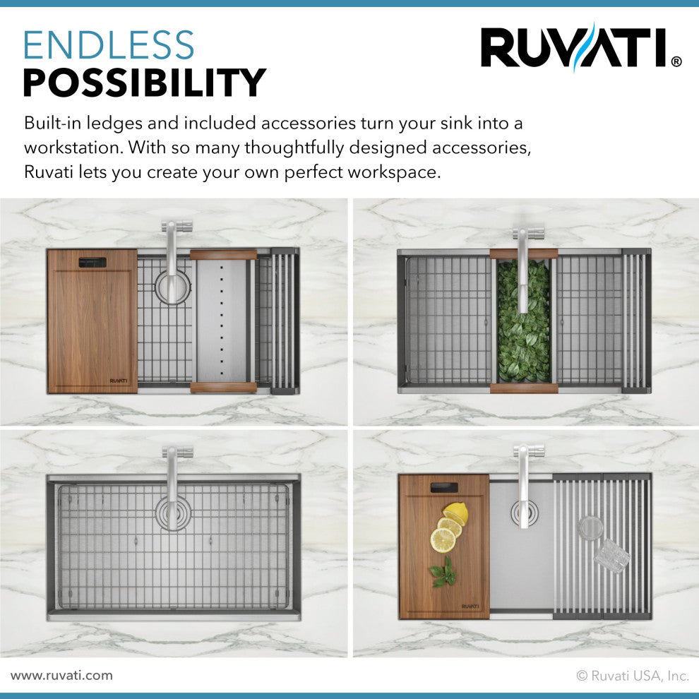Ruvati 28" Workstation Undermount Stainless Steel Kitchen Sink, RVH8309