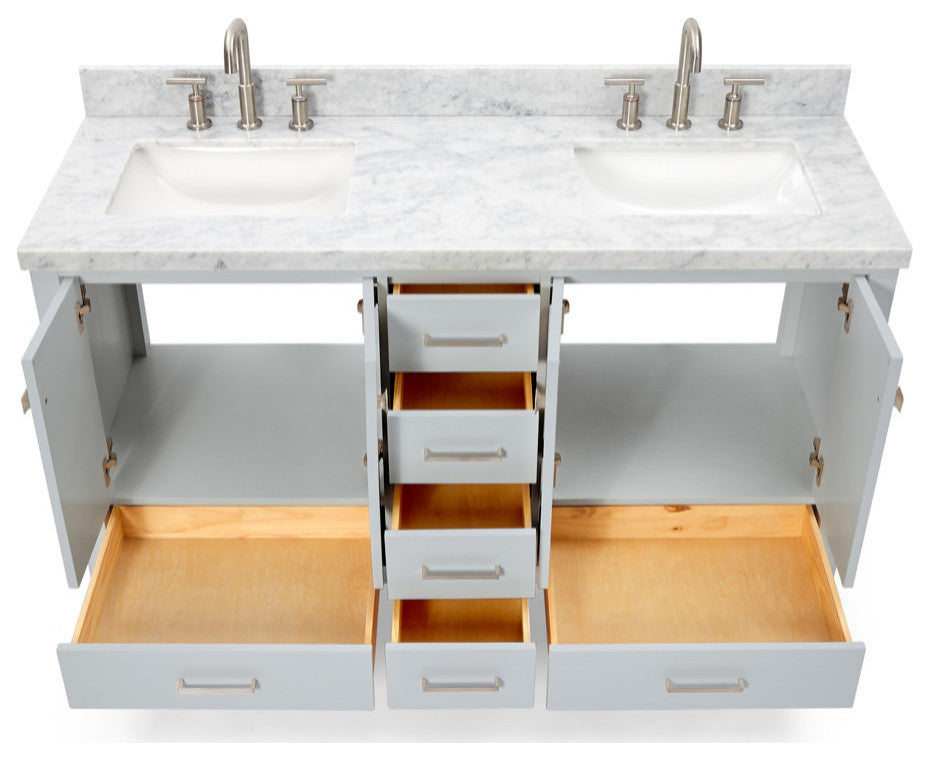 ARIEL Cambridge 61" Double Rectangle Sink Bathroom Vanity Grey With Marble Top