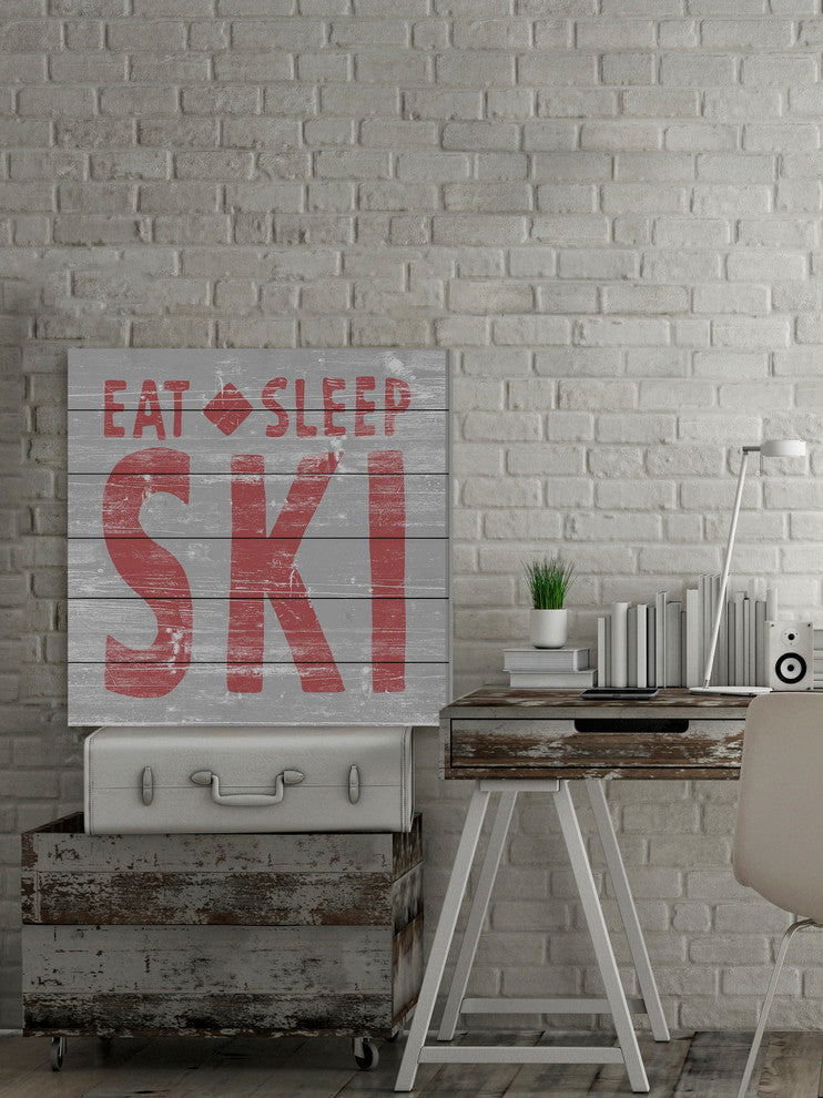 "Eat Sleep Ski" Painting Print on White Wood, 40"x40"