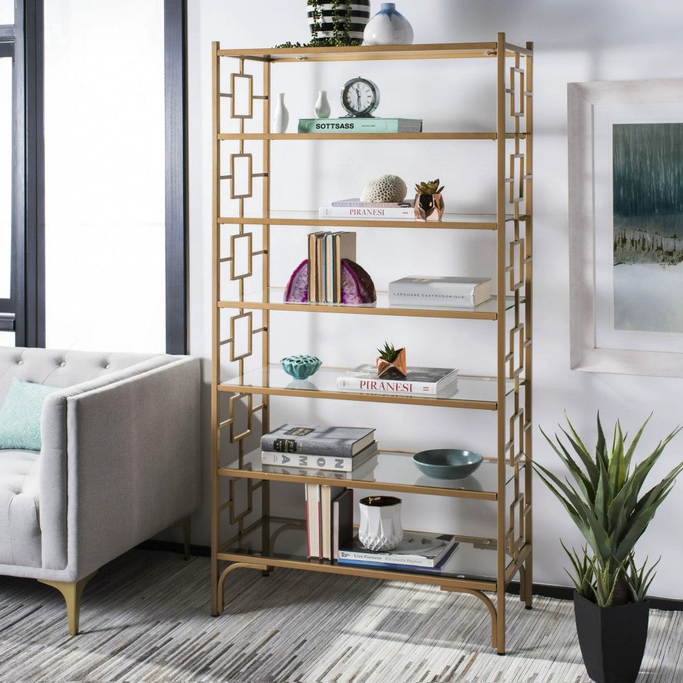 Contemporary Bookcase, Clear Glass Shelves With Geometric Accented Sides, Gold