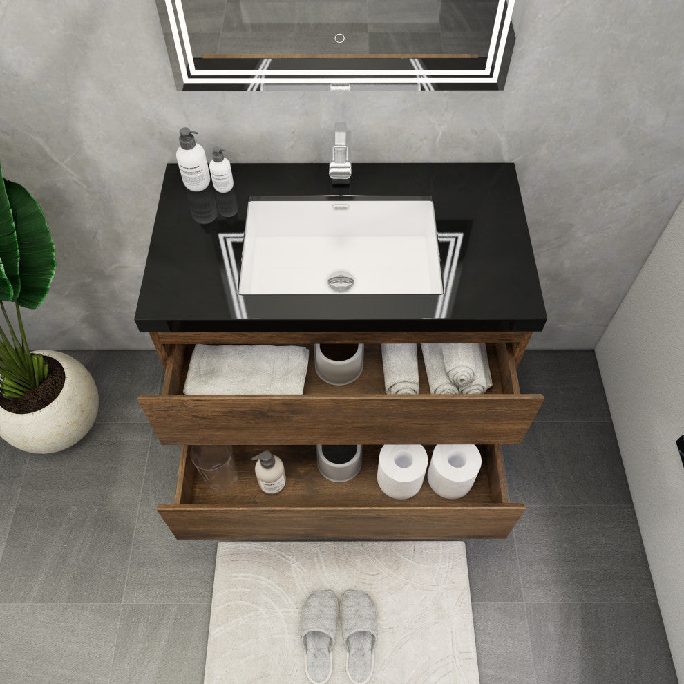 Belli 36" Wall Mounted Single Bathroom Vanity Set, Rosewood, Matt Black Top