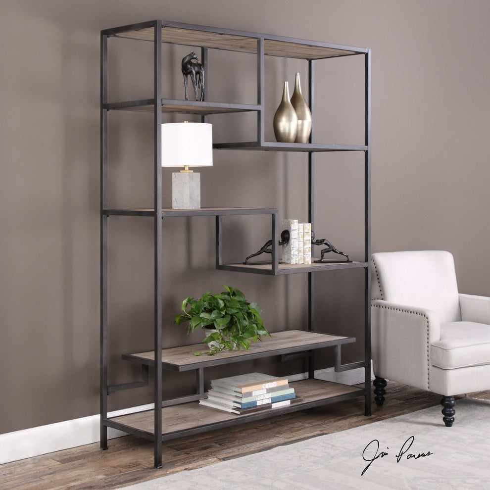 Extra Large Staggered Shelf Etagere, Book Shelves Open Industrial Wood Metal