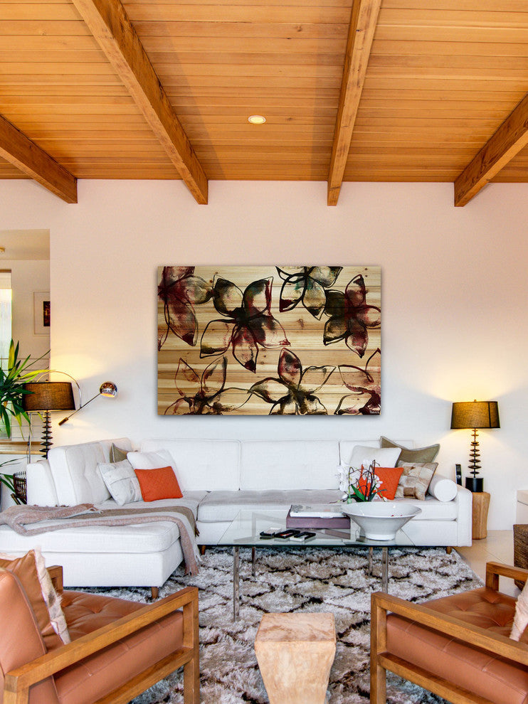 "Floral Outlines" Print on Natural Pine Wood, 60"x40"
