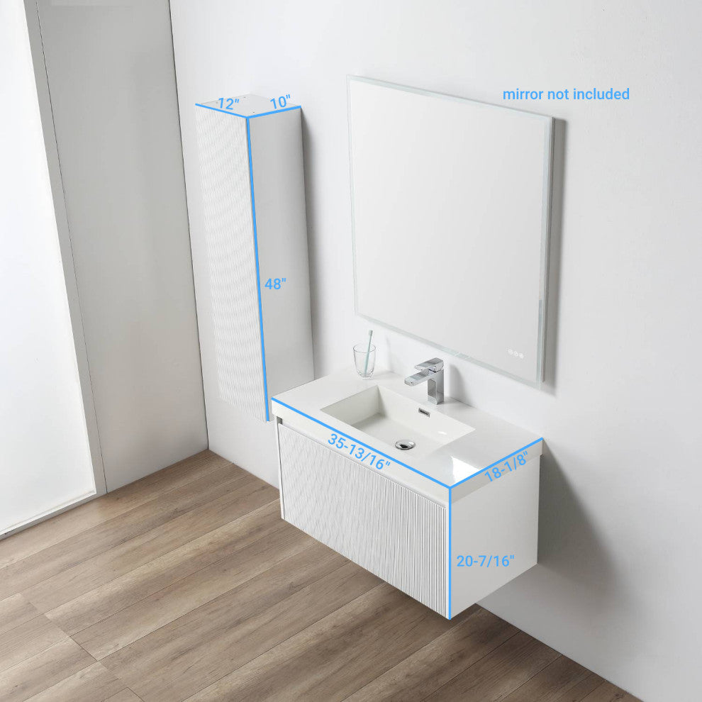 Floating Bathroom Vanity with Sink, Wall Mounted Vanity, White, 36" W/ Sink, Side Cabinet
