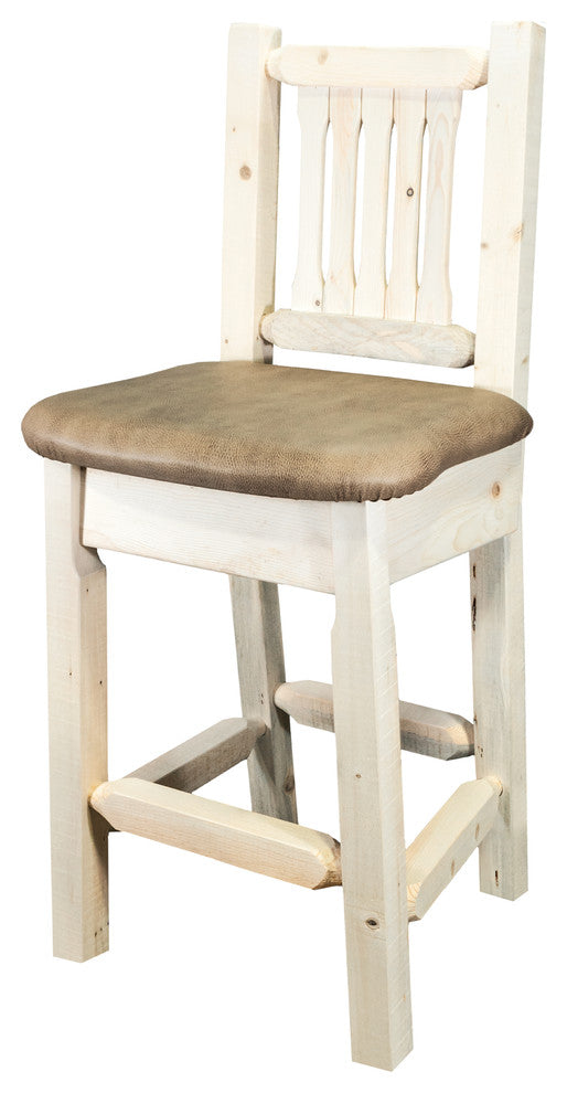 Homestead Bar Stool With Back, Buckskin Upholstery, Clear Lacquer Finish