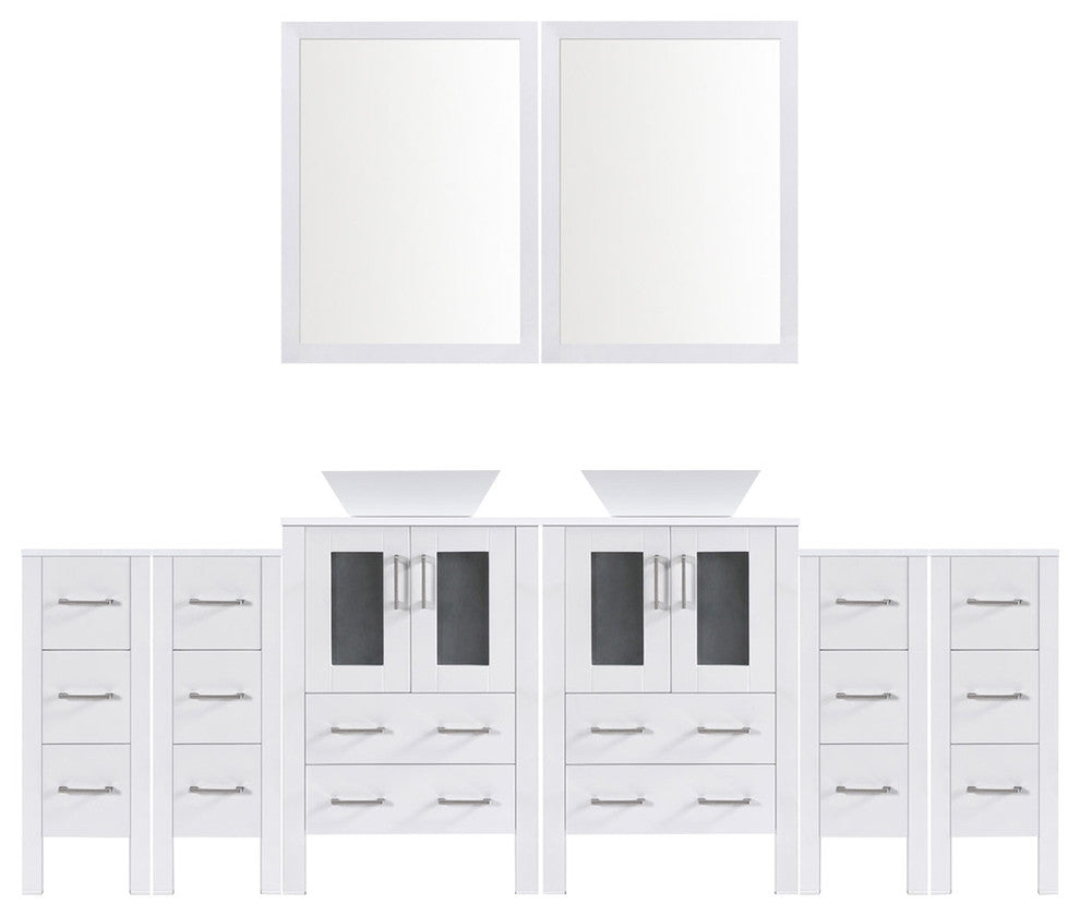 Modern Vanity Set With Two Sink Bases With Mirrors and Four Drawer Bases, White,
