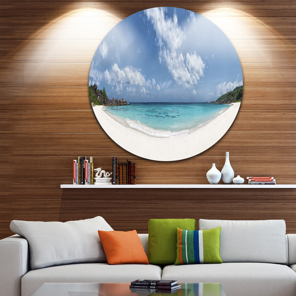 Majestic Seychelles Beach Panorama, Seascape Disc Metal Wall Art, 11"