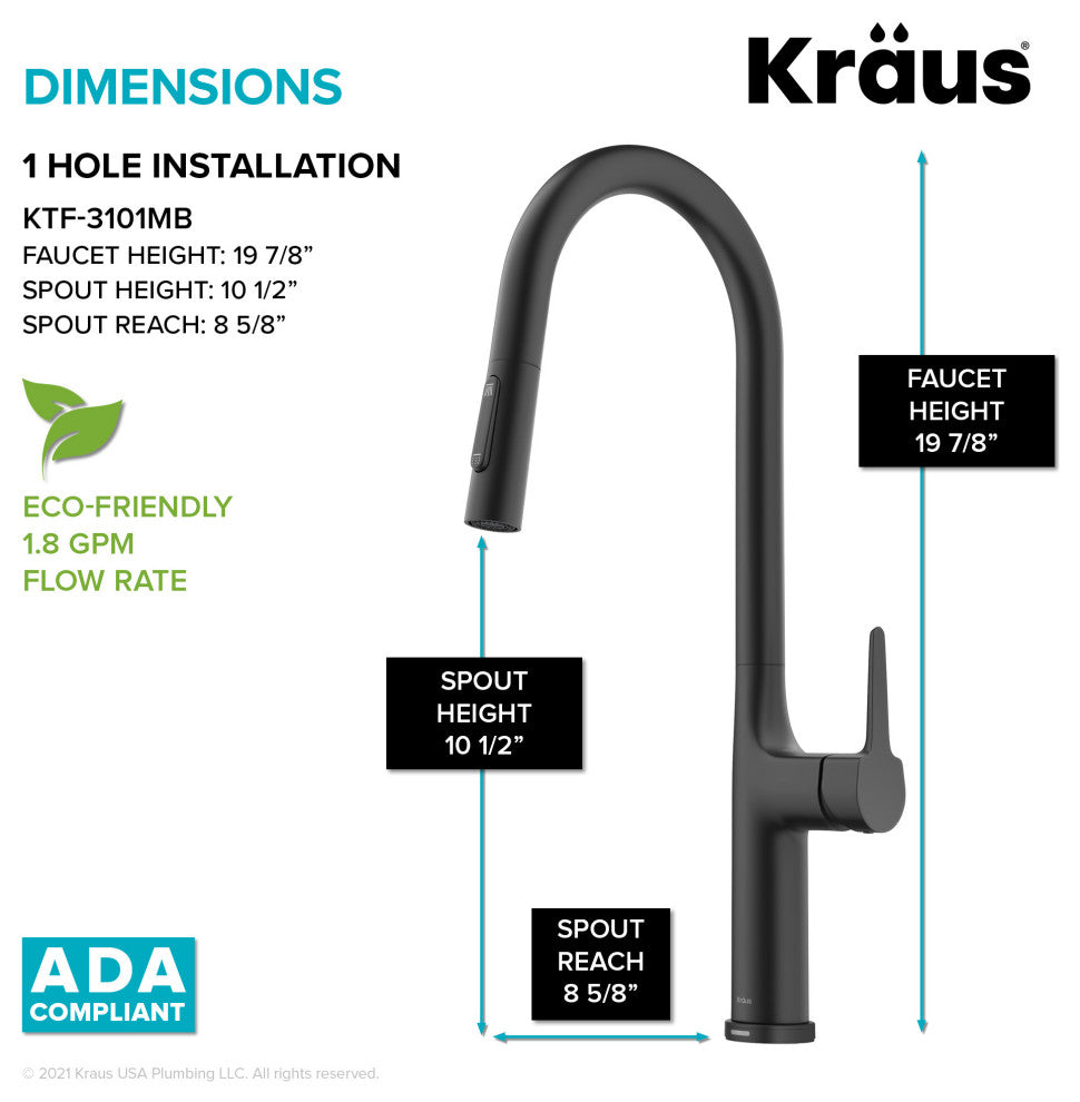 Oletto Pull-Down 1-Hole Kitchen Faucet, Matte Black, Model Ktf-3101mb