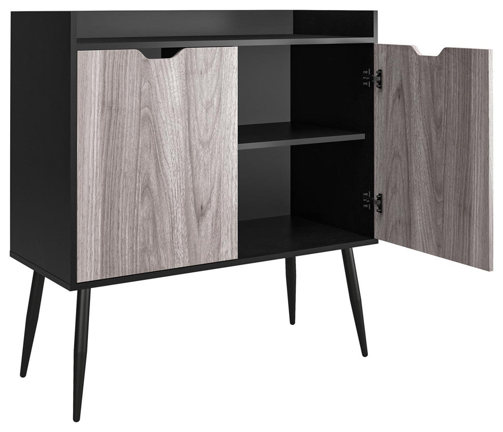 Retro Modern Storage Cabinet, Angled Legs & Doors With Cut Out Pulls, Black Oak
