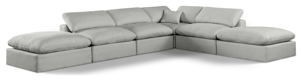 Comfy Upholstered L-Shaped Modular Sectional, Grey, 6-Piece: 3 Armless Chair, 1 Corner Chair, 2 Ottoman, Linen Textured Fabric