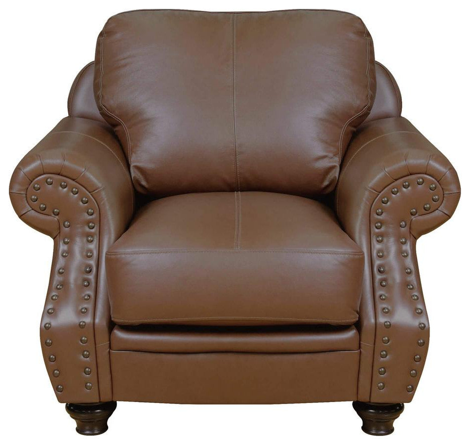 42" Wide Top Grain Leather Armchair, Chestnut Brown Rolled Arm Accent Chair