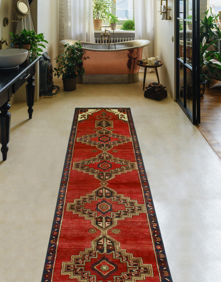 Fine Vintage Distressed Adiy Red/Navy Runner, 2'7 x 12'7