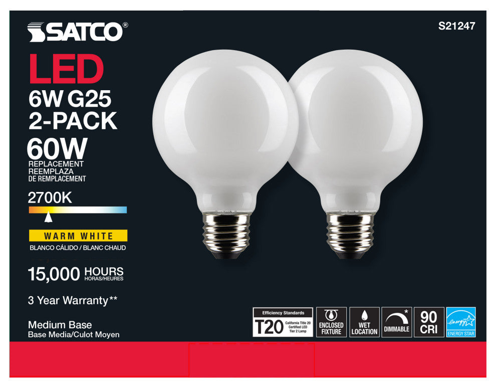 6W G25 LED, White, Medium Base, 90 CRI, 2700K, 120V, 2 Pack