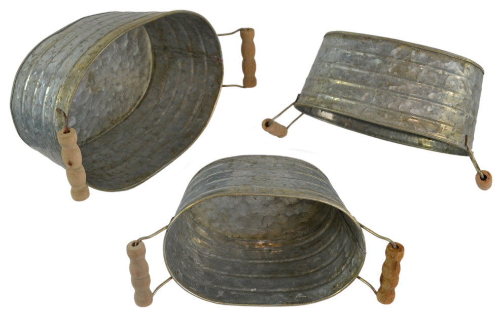 Metal Planter Tubs, Set of 3 Planters With Wooden Handles