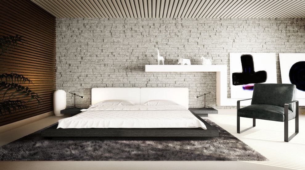 Worth Queen Bed, White Eco Leather and Gray Oak