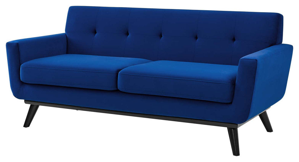 Loveseat Sofa, Blue Navy, Velvet, Modern, Mid Century Hotel Lounge Cafe Lobby