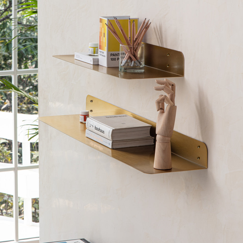 Saffron Fabs Metal Wall Shelves, Antique Brass, 2 Piece Set: 24x8 & 36x8