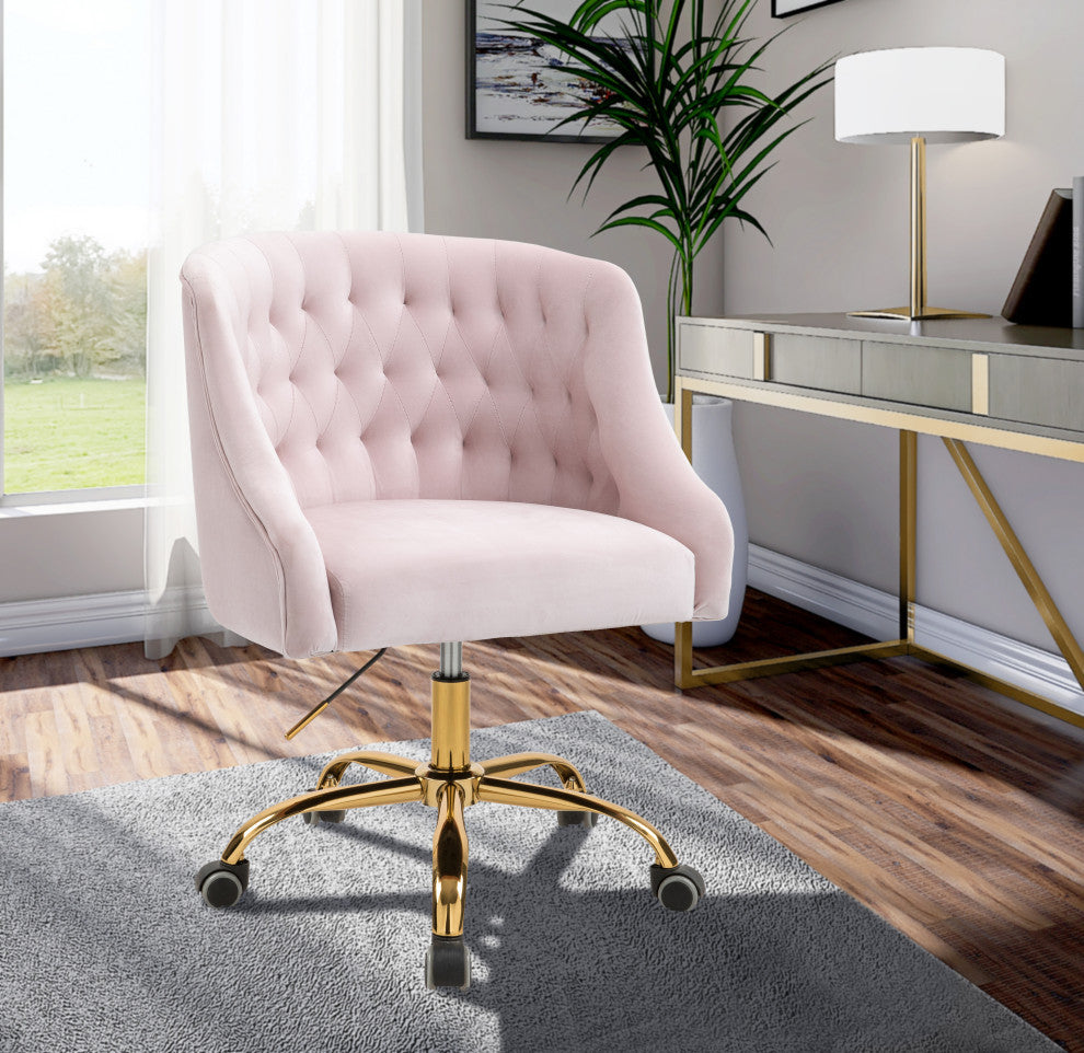 Arden Swivel and Adjustable Velvet Upholstered Office Chair, Pink, Gold Base