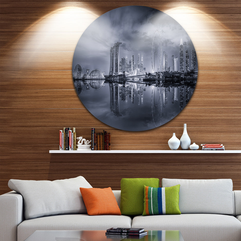 Black And White Singapore Skyline, Cityscape Disc Metal Wall Art, 36"