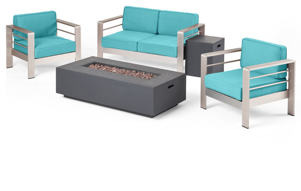 5-Piece Coral Bay Chat Set With Fire Pit, Canvas Aruba Sunbrella/Silver/Dark Gray