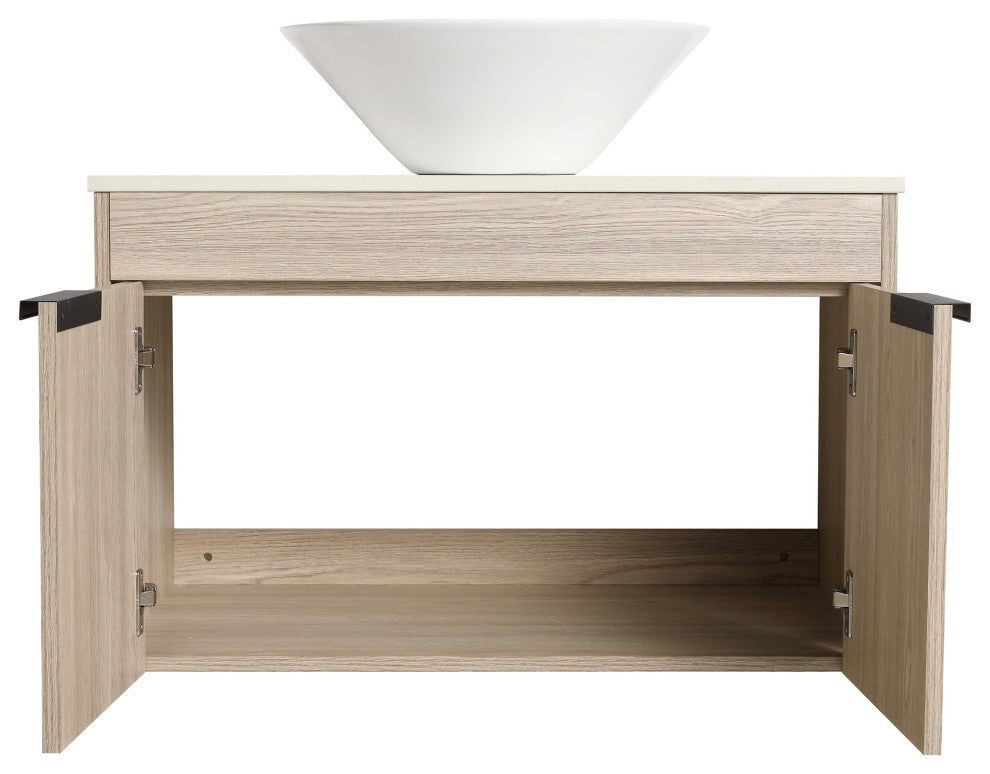 Wall-Mounted Bath Vanity, White Oak, White Ceramic Vessel Sink