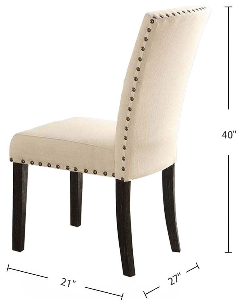 Set of 2 Beige Linen Side Chair, Salvage Dark Oak Finish