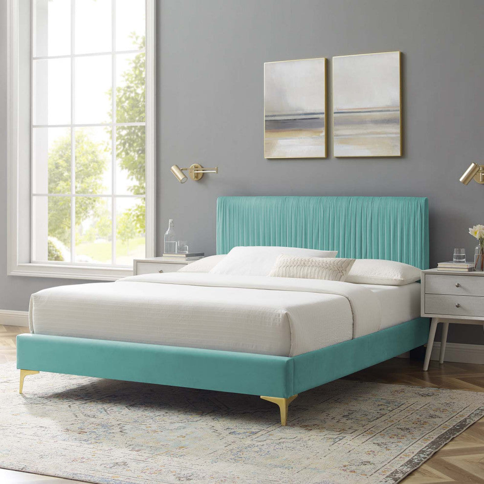 Platform Bed Frame, Queen Size, Velvet, Blue, Modern Contemporary, Bedroom