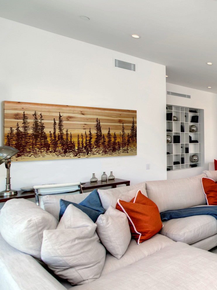 "Pine Tree Sunset" Painting Print on Natural Pine Wood, 60"x20"