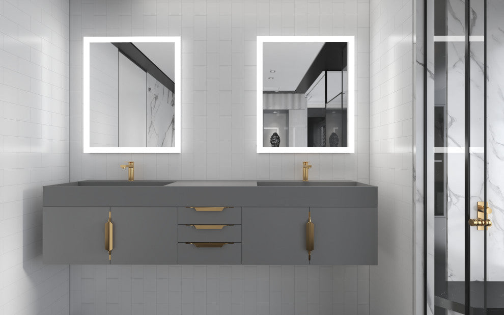 CastelloUSA Amazon 84" Wall Mounted Vanity Set, Gray, Gray Top, Gold Handles