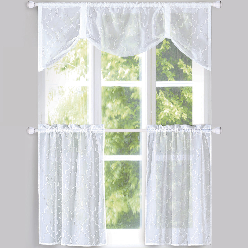 Ogee Kitchen Tier 3 Piece Curtain Set, White, Valance 56"x20" and 2 Piece Curtai