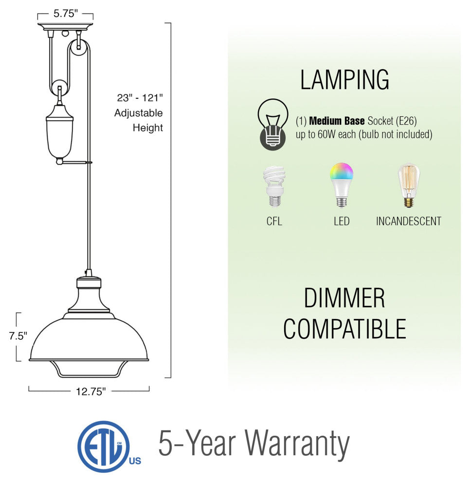 Kira Home Sequoia 13" Farmhouse Pulley Pendant Light, Retractable Design