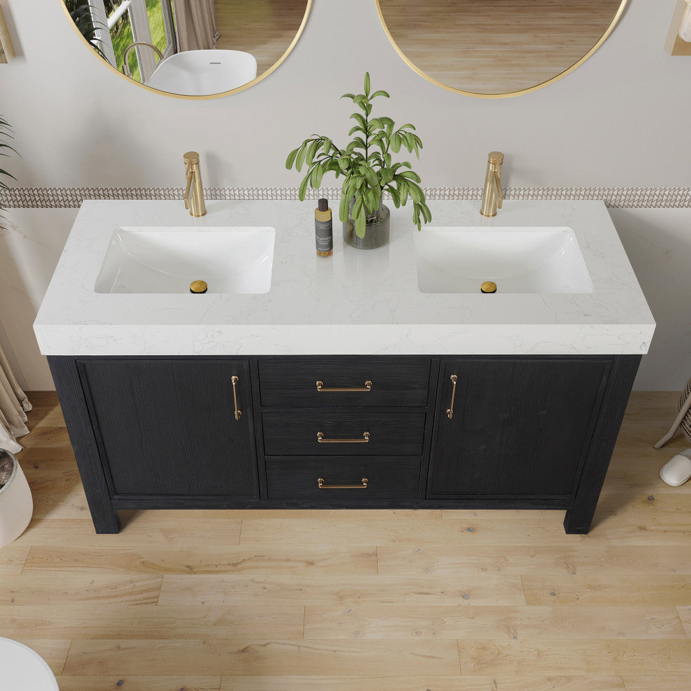 Leon Bath Vanity With Composite Stone Top, Fir Wood Black, 60"double Sink, No Mirror
