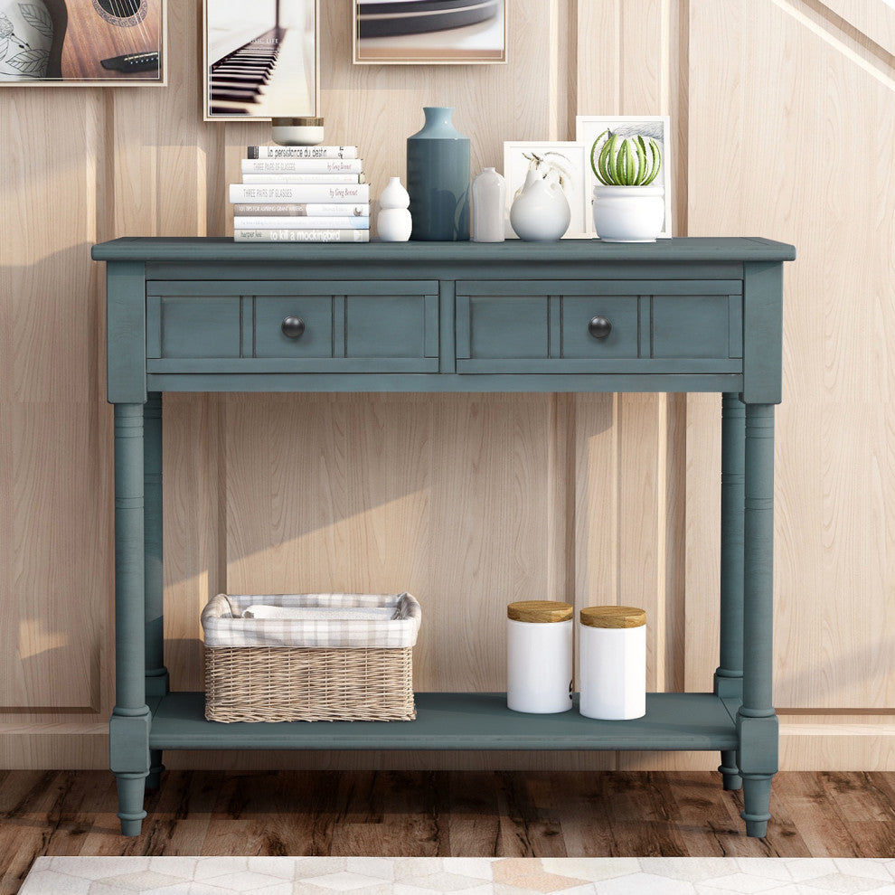 Console Table with Two Drawers and Bottom Shelf, Navy