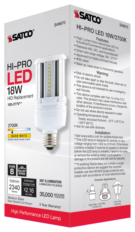 18W LED HID Replacement, 80 CRI, 2700K, Type B, Ballast Bypass, Medium Base