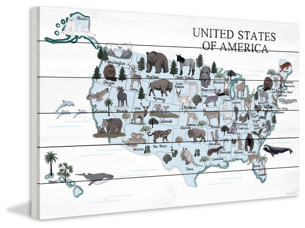 "Blue Animals Map" Painting Print on White Wood, 45x30