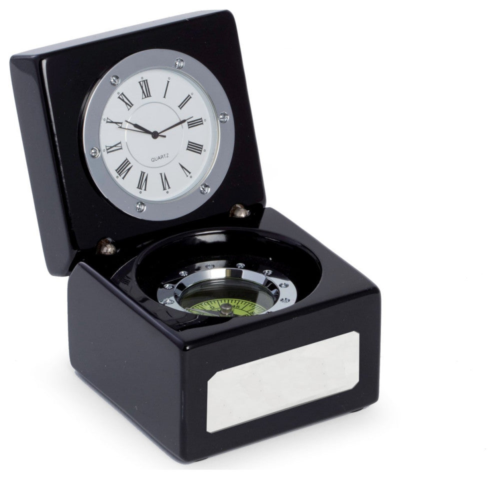 Compass and Clock, Lacquered Black Finish Hinged Box, Chrome Accents