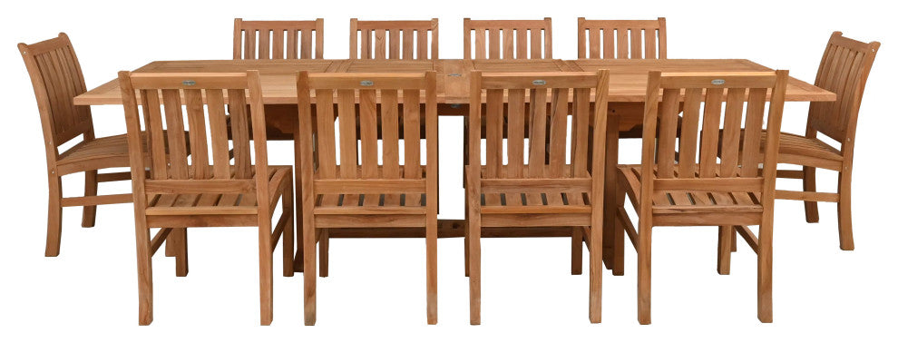 11 Piece Teak Wood Dining Set, Rect Double Extension Table, 10 Abaco Side Chairs
