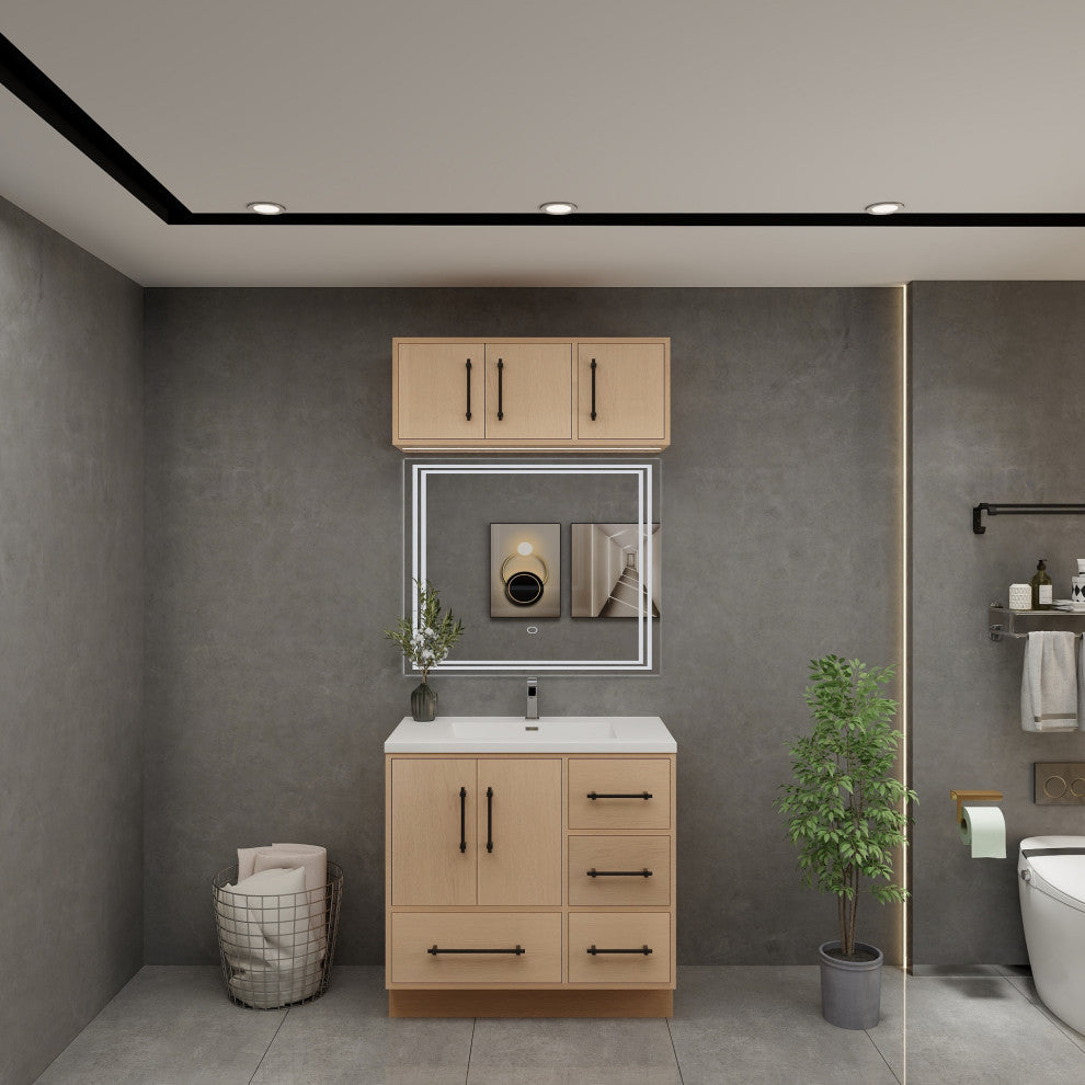 Victoria 36" Solid Wood Bath Vanity, Overhead Cabinet, Yellow Oak