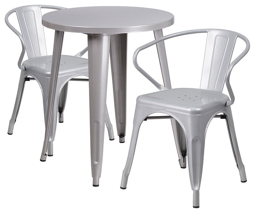 24" Round Silver Metal Indoor-Outdoor Table Set with 2 Arm Chairs
