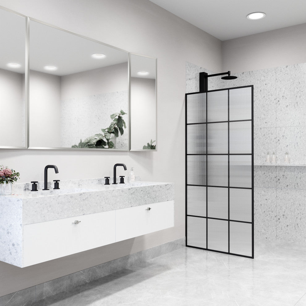 VIGO Mosaic Framed Fixed, Matte Black, Shower Screen, 34" W X 74" H, Fluted Glass