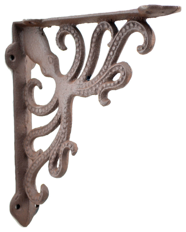 Nautical Shelf Bracket, Octopus, Rust Brown Cast Iron, 7.75" Deep