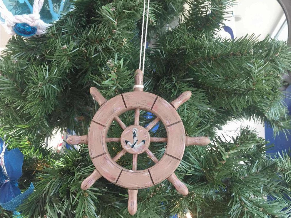 Rustic Wood Finish Decorative Ship Wheel With Anchor Christmas Tree Ornament