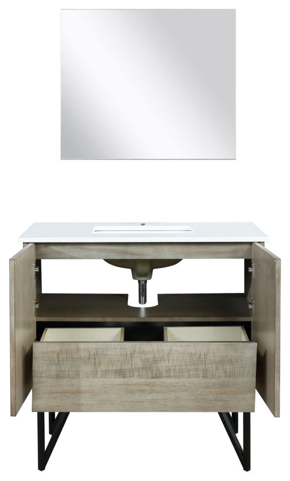 36" Vanity, White Quartz Top, White Square Sink and 28" Frameless Mirror