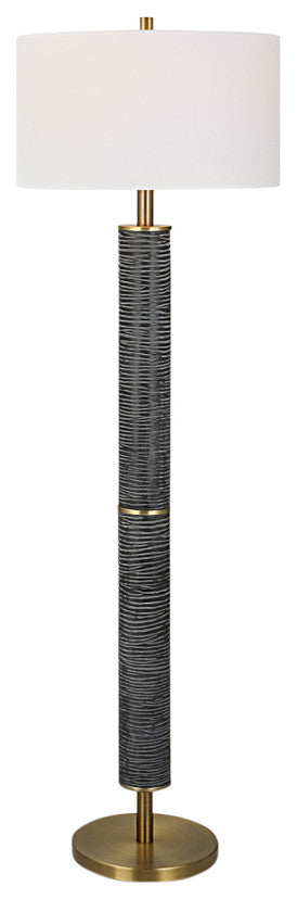 Elegant Modern Gray Black Antique Brass Floor Lamp 63 in Organic Stripes Carved