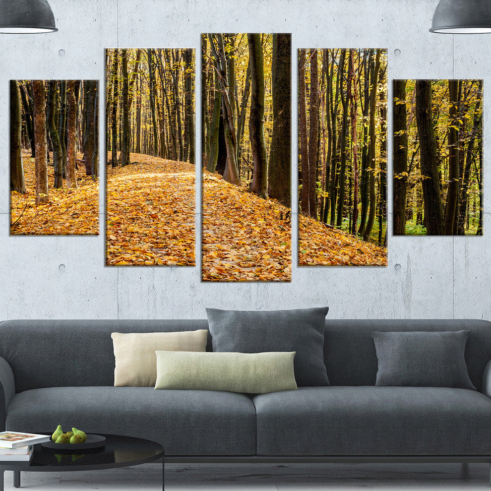 Dense Autumn Forest Woods, Modern Forest Canvas Art, 60"x32", 5 Panels