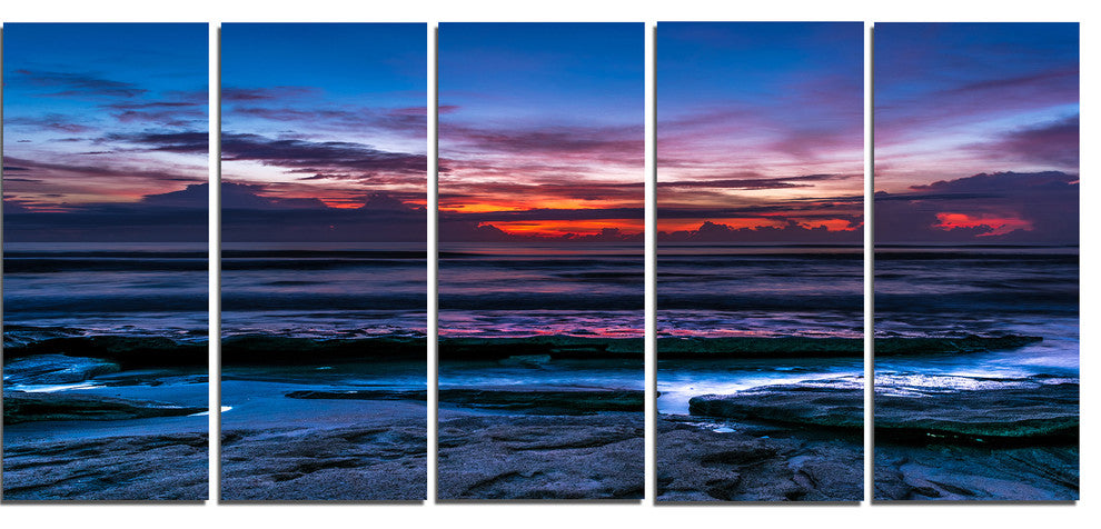 "Exotic Dark Blue Coquina Dawn" Beach Canvas Wall Art, 5 Panels, 60"x28"