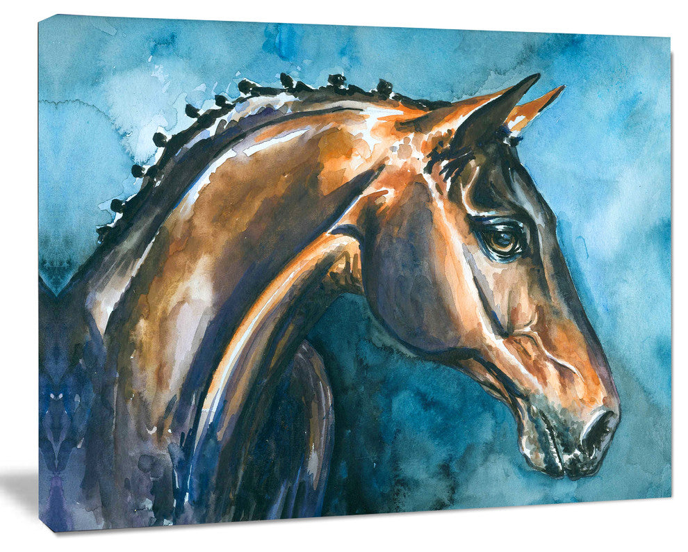 Brown Horse on Blue Watercolor, Abstract Canvas Art Print, 40"x30"